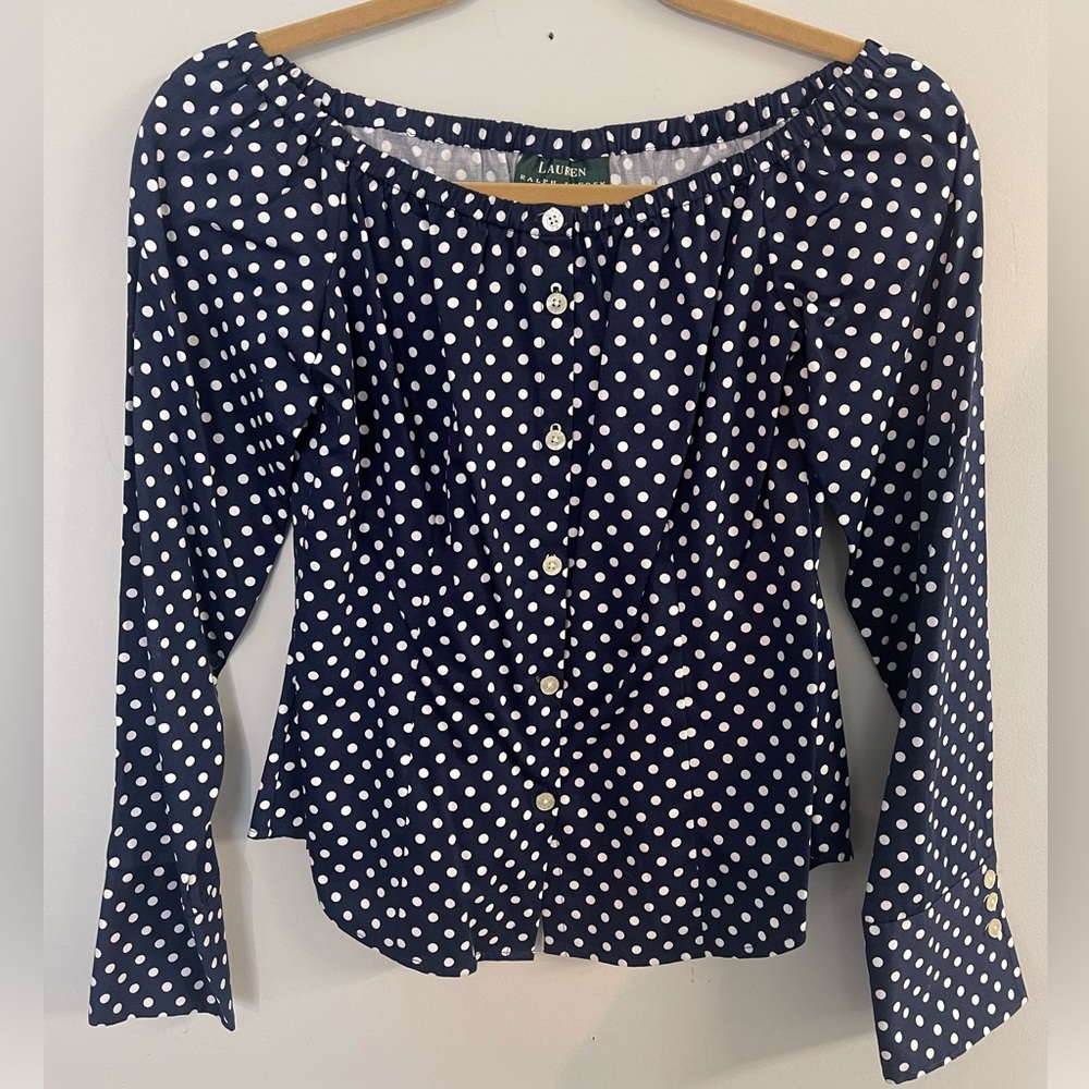 Ralph Lauren Navy Blue Polka Dot Top